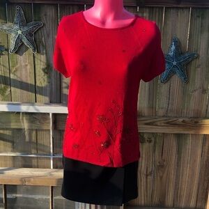 INC Red Short Sleeve Floral Beaded Sweater Size M